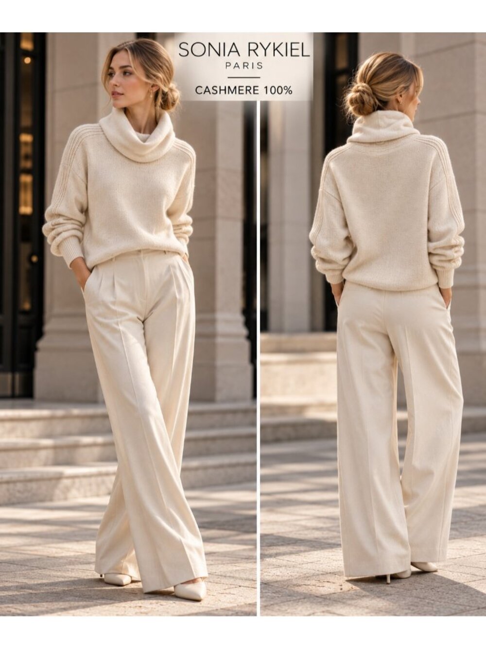 Sonia Rykiel Paris 100% Cashmere Ivory Turtleneck Sweater Size S